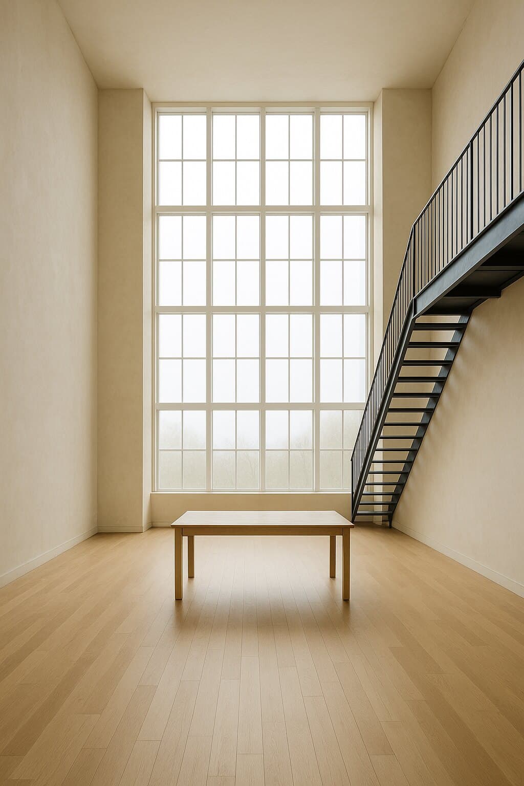 A tall civic library stack hall in daylight, galleries of empty shelving rising around a light well